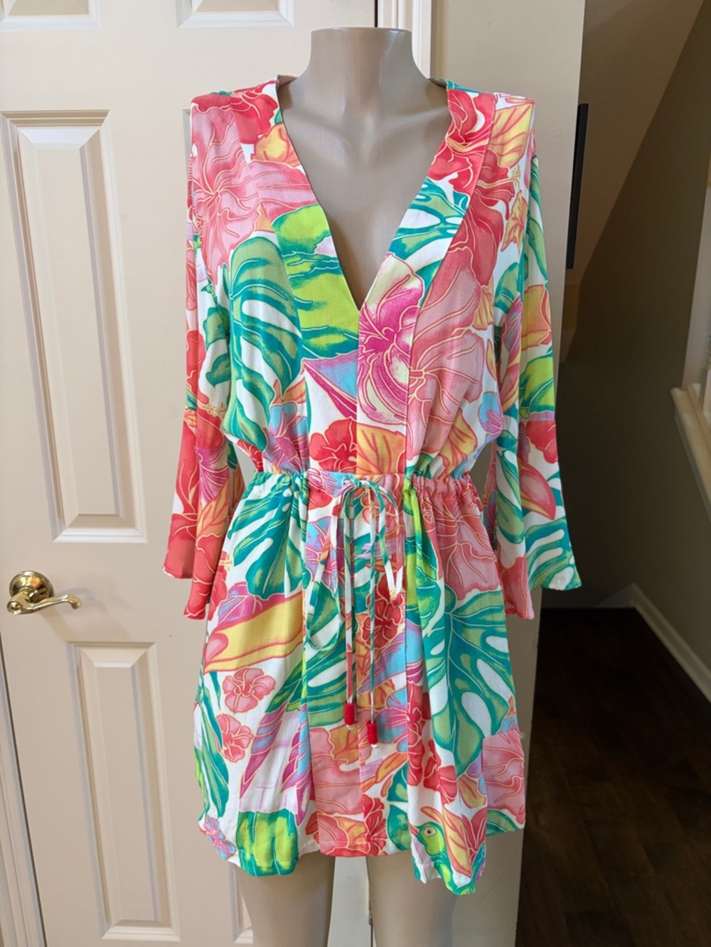 Maaji Tropical Floral Kaftan Dress/cover up in Coral, Teal & Yellow, large